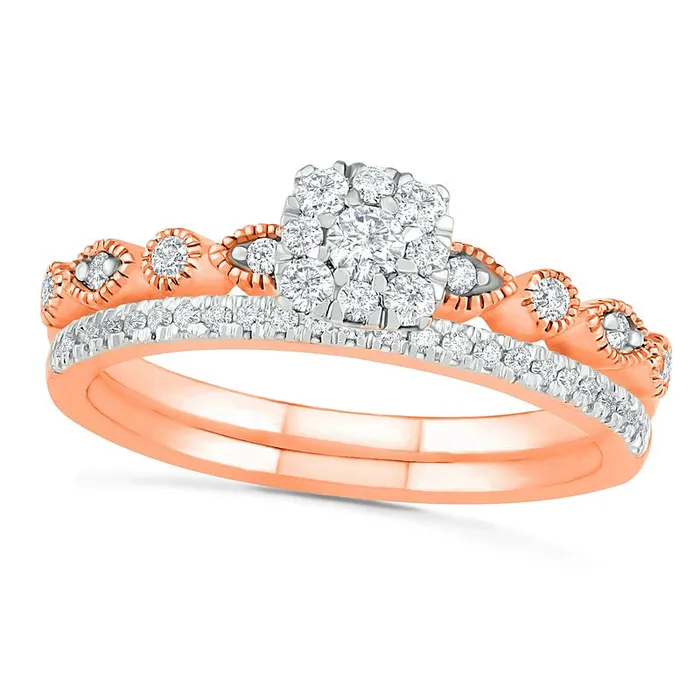 Goldia Rings 038 CT TW Composite Natural Diamond Antique VintageStyle Alternating Bridal Engagement Ring Set in Solid 10K Rose Gold Goldia Rings 038 CT TW Composite Natural Diamond Antique VintageStyle Alternating Bridal Engagement Ring Set in Solid 10K Rose Gold