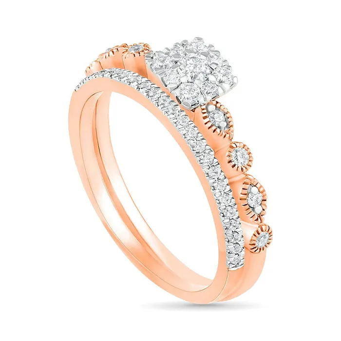 Goldia Rings 038 CT TW Composite Natural Diamond Antique VintageStyle Alternating Bridal Engagement Ring Set in Solid 10K Rose Gold Goldia Rings 038 CT TW Composite Natural Diamond Antique VintageStyle Alternating Bridal Engagement Ring Set in Solid 10K Rose Gold