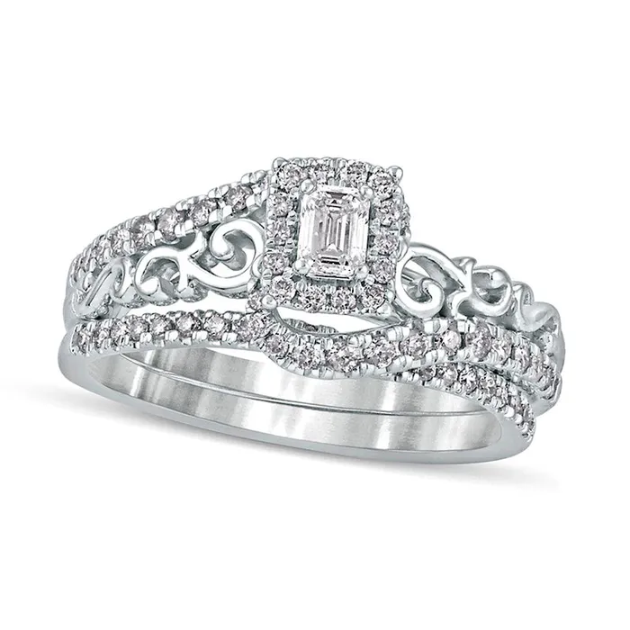 Goldia Rings 063 CT TW EmeraldCut Natural Diamond Frame Filigree Bypass Bridal Engagement Ring Set in Solid 10K White Gold Goldia Rings 063 CT TW EmeraldCut Natural Diamond Frame Filigree Bypass Bridal Engagement Ring Set in Solid 10K White Gold