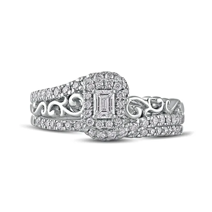 Goldia Rings 063 CT TW EmeraldCut Natural Diamond Frame Filigree Bypass Bridal Engagement Ring Set in Solid 10K White Gold Goldia Rings 063 CT TW EmeraldCut Natural Diamond Frame Filigree Bypass Bridal Engagement Ring Set in Solid 10K White Gold