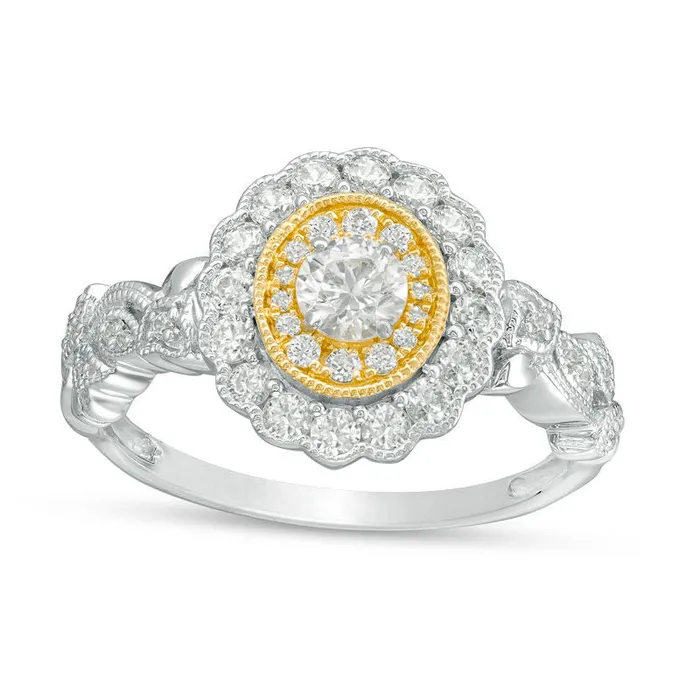 Goldia Rings 063 CT TW Natural Diamond Flower Frame Vine Shank Antique VintageStyle Engagement Ring in Solid 10K TwoTone Gold Goldia Rings 063 CT TW Natural Diamond Flower Frame Vine Shank Antique VintageStyle Engagement Ring in Solid 10K TwoTone Gold