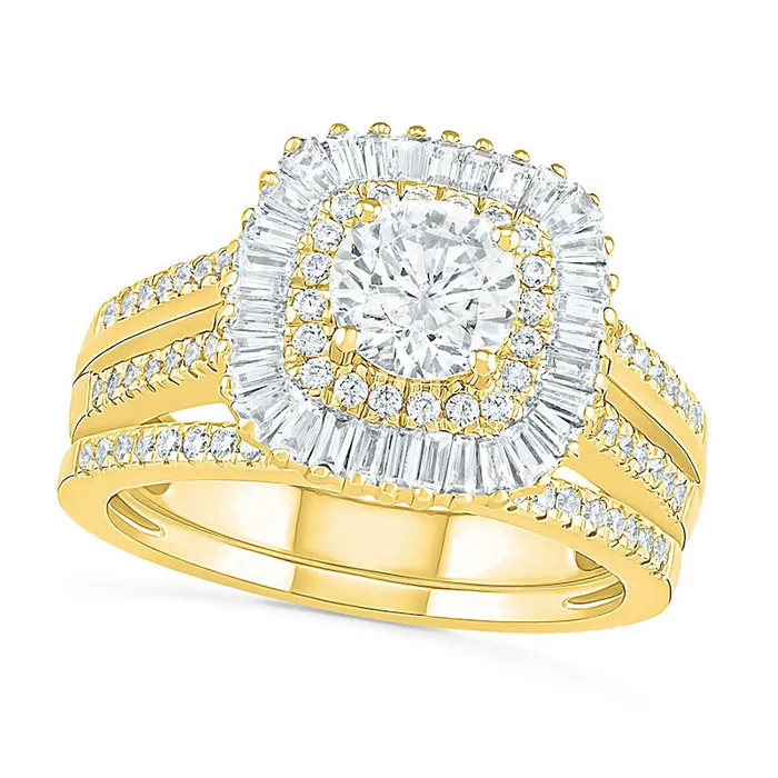 Goldia Rings 15 CT TW Baguette and Round Natural Diamond CushionShaped Sunburst Frame Bridal Engagement Ring Set in Solid 10K Yellow Gold Goldia Rings 15 CT TW Baguette and Round Natural Diamond CushionShaped Sunburst Frame Bridal Engagement Ring Set in Solid 10K Yellow Gold