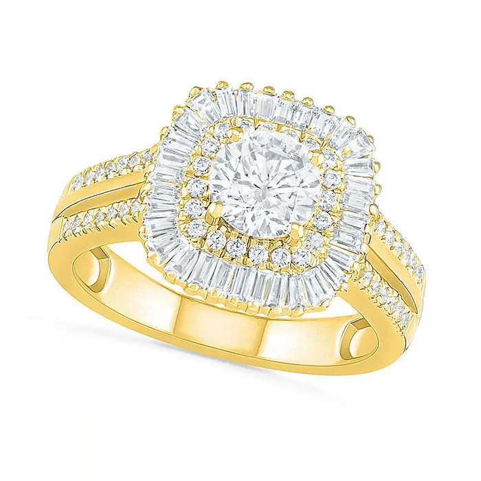 Goldia Rings 15 CT TW Baguette and Round Natural Diamond CushionShaped Sunburst Frame Bridal Engagement Ring Set in Solid 10K Yellow Gold Goldia Rings 15 CT TW Baguette and Round Natural Diamond CushionShaped Sunburst Frame Bridal Engagement Ring Set in Solid 10K Yellow Gold