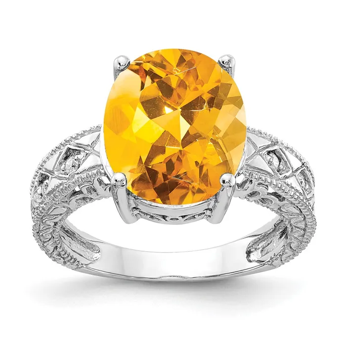 Goldia Rings 14k White Gold 12x10mm Oval Citrine VS Diamond ring
