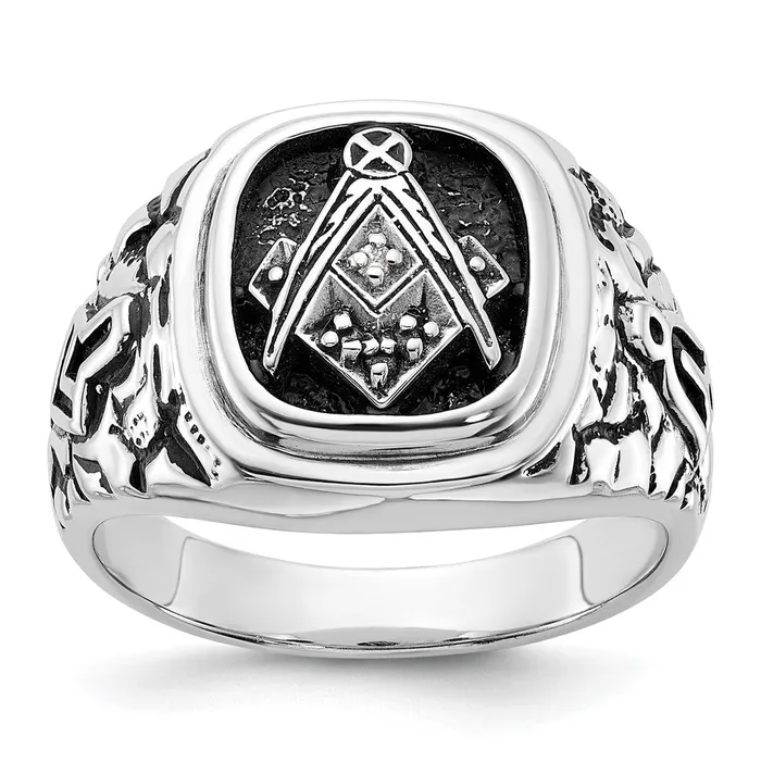 Goldia Rings 14k White Gold Mens Polished and Textured with Black Enamel and AA Quality Diamonds Masonic Ring Goldia Rings 14k White Gold Mens Polished and Textured with Black Enamel and AA Quality Diamonds Masonic Ring