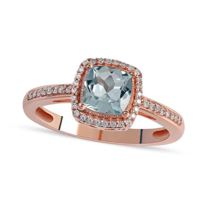 Goldia Rings 60mm CushionCut Aquamarine and 010 CT TW Natural Diamond Frame Scrollwork Gallery Antique VintageStyle Ring in Solid 10K Rose Gold Goldia Rings 60mm CushionCut Aquamarine and 010 CT TW Natural Diamond Frame Scrollwork Gallery Antique VintageStyle Ring in Solid 10K Rose Gold