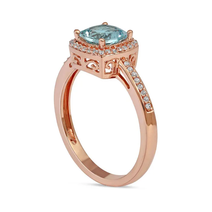 Goldia Rings 60mm CushionCut Aquamarine and 010 CT TW Natural Diamond Frame Scrollwork Gallery Antique VintageStyle Ring in Solid 10K Rose Gold Goldia Rings 60mm CushionCut Aquamarine and 010 CT TW Natural Diamond Frame Scrollwork Gallery Antique VintageStyle Ring in Solid 10K Rose Gold