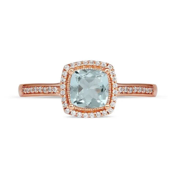 Goldia Rings 60mm CushionCut Aquamarine and 010 CT TW Natural Diamond Frame Scrollwork Gallery Antique VintageStyle Ring in Solid 10K Rose Gold Goldia Rings 60mm CushionCut Aquamarine and 010 CT TW Natural Diamond Frame Scrollwork Gallery Antique VintageStyle Ring in Solid 10K Rose Gold