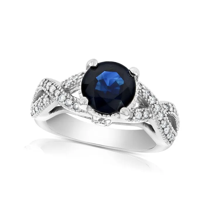 Goldia Rings 80mm Blue Sapphire and 038 CT TW Natural Diamond Twist Shank Antique VintageStyle Engagement Ring in Solid 14K White Gold Goldia Rings 80mm Blue Sapphire and 038 CT TW Natural Diamond Twist Shank Antique VintageStyle Engagement Ring in Solid 14K White Gold
