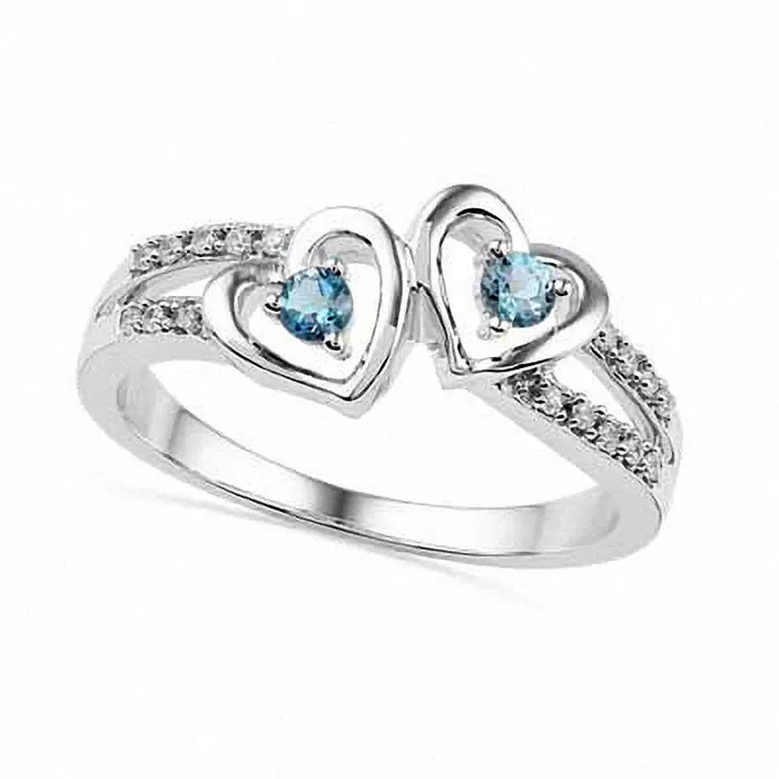 Goldia Rings Aquamarine and 005 CT TW Natural Diamond Double Heart Ring in Sterling Silver