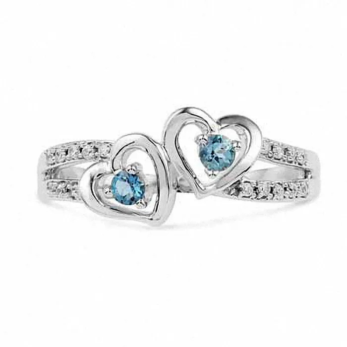 Goldia Rings Aquamarine and 005 CT TW Natural Diamond Double Heart Ring in Sterling Silver Goldia Rings Aquamarine and 005 CT TW Natural Diamond Double Heart Ring in Sterling Silver