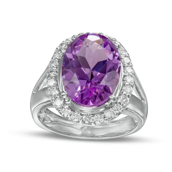 Goldia Rings Oval Amethyst and 050 CT TW Natural Diamond Frame Split Shank Ring in Solid 14K White Gold Goldia Rings Oval Amethyst and 050 CT TW Natural Diamond Frame Split Shank Ring in Solid 14K White Gold