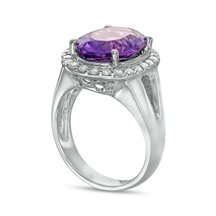 Goldia Rings Oval Amethyst and 050 CT TW Natural Diamond Frame Split Shank Ring in Solid 14K White Gold Goldia Rings Oval Amethyst and 050 CT TW Natural Diamond Frame Split Shank Ring in Solid 14K White Gold
