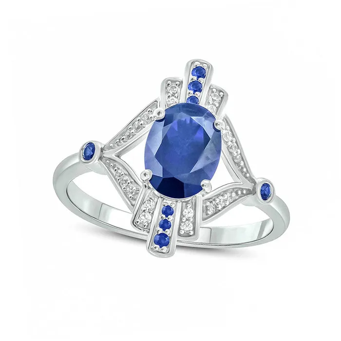 Goldia Rings Oval LabCreated Blue Sapphire and 007 CT TW Diamond Art Deco Evil Eye Ring in Sterling Silver Goldia Rings Oval LabCreated Blue Sapphire and 007 CT TW Diamond Art Deco Evil Eye Ring in Sterling Silver