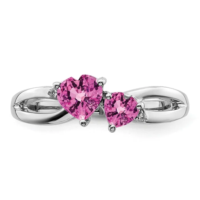 Goldia Solid 14k White Gold Created PinK Simulated Sapphire and CZ 2stone Heart Ring Rings