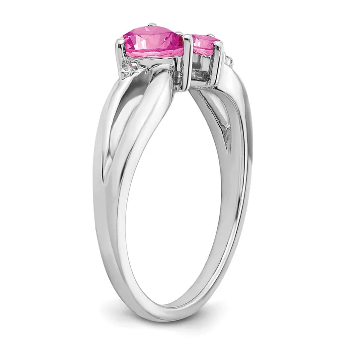 Goldia Solid 14k White Gold Created PinK Simulated Sapphire and CZ 2stone Heart Ring Rings