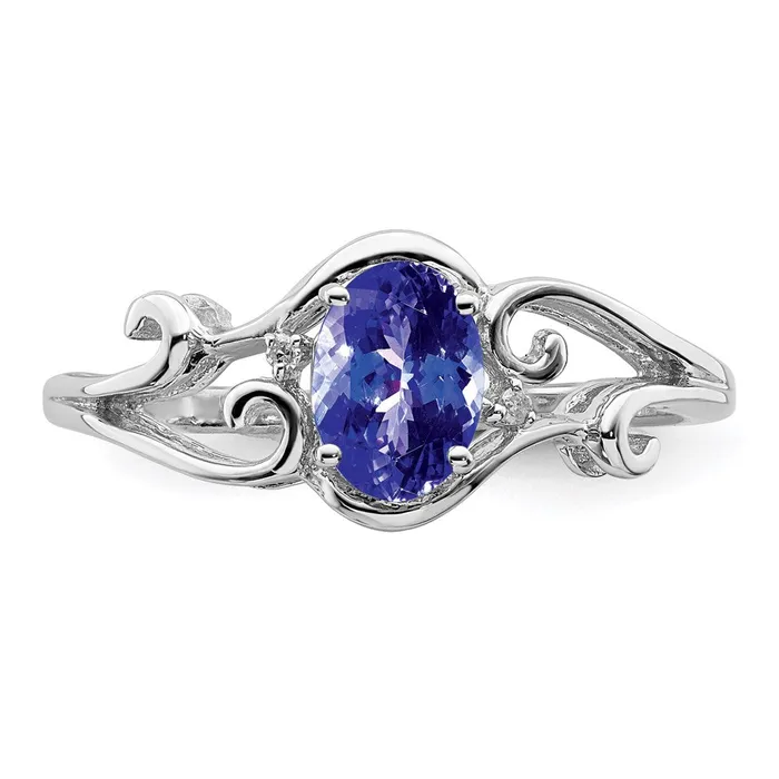 Goldia Sterling Silver Rhodium Plated Diamond and Tanzanite Oval Ring Rings