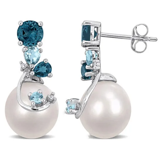 JMS always Earrings Original AMOUR 910mm Freshwater Cultured Pearl 2 CT TGW London Sky Blue Topaz and Diamond Accent Pearl Earrings In Sterling Silver