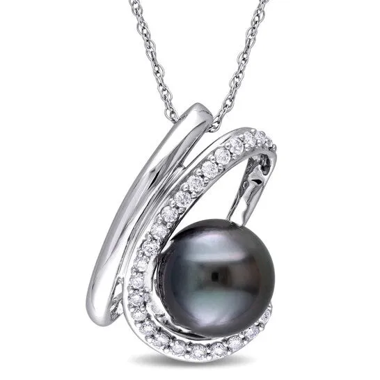 JMS always Necklaces Original AMOUR 14 CT TW Diamond and 9 95 Mm Black Tahitian Pearl Curlicue Pendant with Chain In 10K White Gold JMS always Necklaces Original AMOUR 14 CT TW Diamond and 9 95 Mm Black Tahitian Pearl Curlicue Pendant with Chain In 10K White Gold