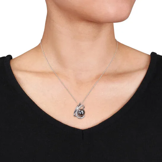 JMS always Necklaces Original AMOUR 14 CT TW Diamond and 9 95 Mm Black Tahitian Pearl Curlicue Pendant with Chain In 10K White Gold JMS always Necklaces Original AMOUR 14 CT TW Diamond and 9 95 Mm Black Tahitian Pearl Curlicue Pendant with Chain In 10K White Gold