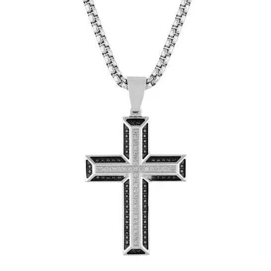 JMS always Necklaces Original Robert Alton 12ctw Black Diamond and White Diamond Stainless Steel Cross Pendant JMS always Necklaces Original Robert Alton 12ctw Black Diamond and White Diamond Stainless Steel Cross Pendant