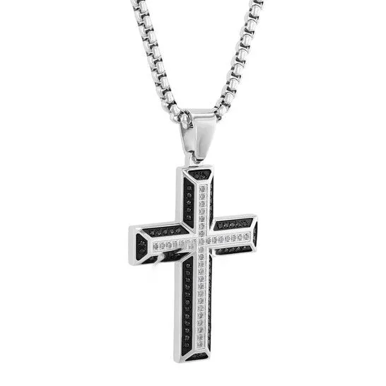 JMS always Necklaces Original Robert Alton 12ctw Black Diamond and White Diamond Stainless Steel Cross Pendant JMS always Necklaces Original Robert Alton 12ctw Black Diamond and White Diamond Stainless Steel Cross Pendant