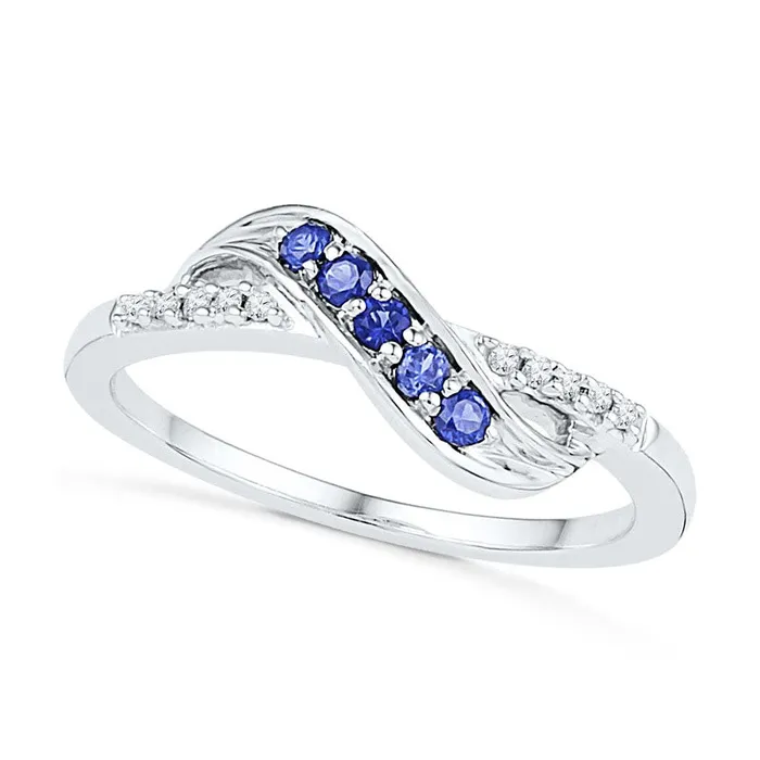 LabCreated Blue Sapphire and Diamond Accent Slant Midi Ring in Sterling Silver Goldia Rings LabCreated Blue Sapphire and Diamond Accent Slant Midi Ring in Sterling Silver Goldia Rings