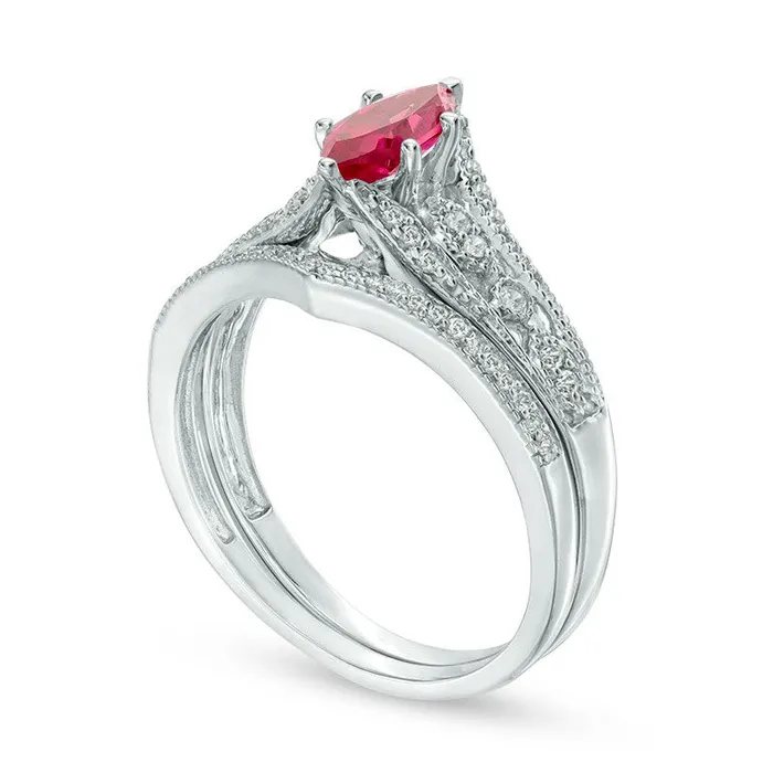 Marquise LabCreated Ruby and 020 CT TW Diamond Antique VintageStyle Bridal Engagement Ring Set in Solid 10K White Gold Goldia Rings Marquise LabCreated Ruby and 020 CT TW Diamond Antique VintageStyle Bridal Engagement Ring Set in Solid 10K White Gold Goldia Rings