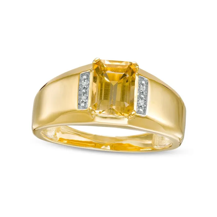 Mens EmeraldCut Citrine and Natural Diamond Accent Collar Ring in Solid 10K Yellow Gold Goldia Rings Mens EmeraldCut Citrine and Natural Diamond Accent Collar Ring in Solid 10K Yellow Gold Goldia Rings