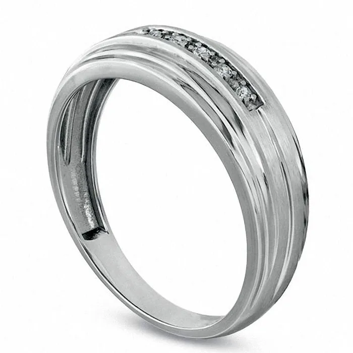 Mens Natural Diamond Accent MultiRow Groove Wedding Band in Solid 10K White Gold Goldia Rings Mens Natural Diamond Accent MultiRow Groove Wedding Band in Solid 10K White Gold Goldia Rings