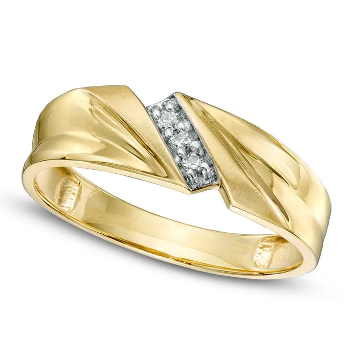 Mens Natural Diamond Accent Three Stone Slant Ring in Solid 10K Yellow Gold Goldia Rings Mens Natural Diamond Accent Three Stone Slant Ring in Solid 10K Yellow Gold Goldia Rings