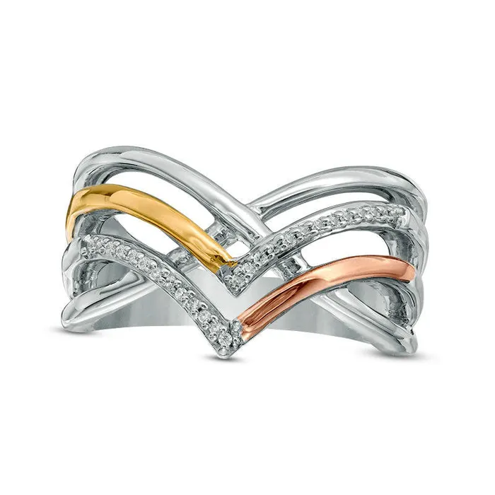 Natural Diamond Accent Crossover Chevron Ring in Sterling Silver and Solid 10K TwoTone Gold Goldia Rings Natural Diamond Accent Crossover Chevron Ring in Sterling Silver and Solid 10K TwoTone Gold Goldia Rings