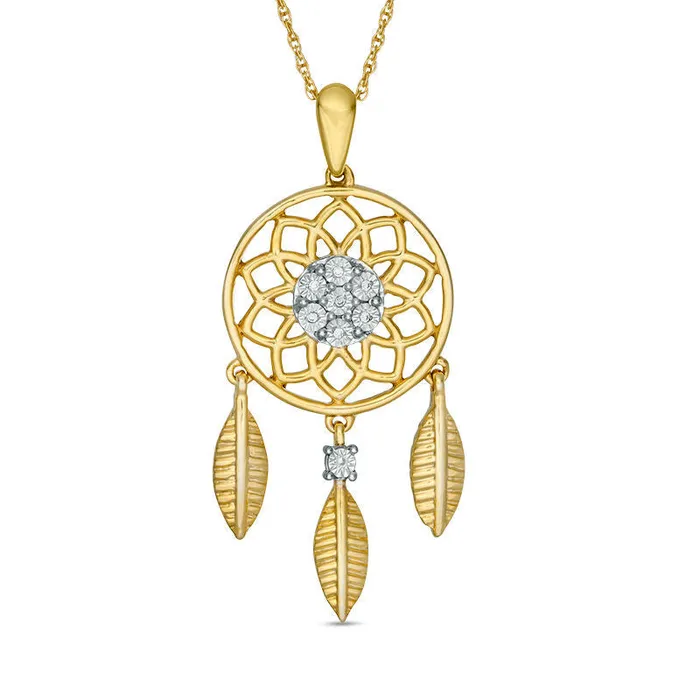 Natural Diamond Accent Dreamcatcher Pendant in Sterling Silver and 14K Gold Plate Goldia Necklaces Natural Diamond Accent Dreamcatcher Pendant in Sterling Silver and 14K Gold Plate Goldia Necklaces