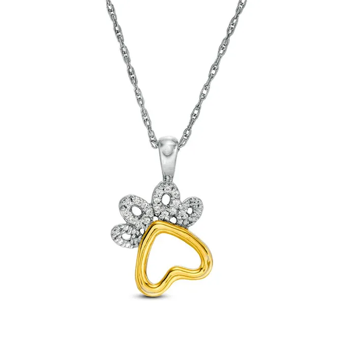 Necklaces Goldia 005 CT TW Natural Diamond Paw Print Pendant in Sterling Silver and 10K Yellow Gold Necklaces Goldia 005 CT TW Natural Diamond Paw Print Pendant in Sterling Silver and 10K Yellow Gold