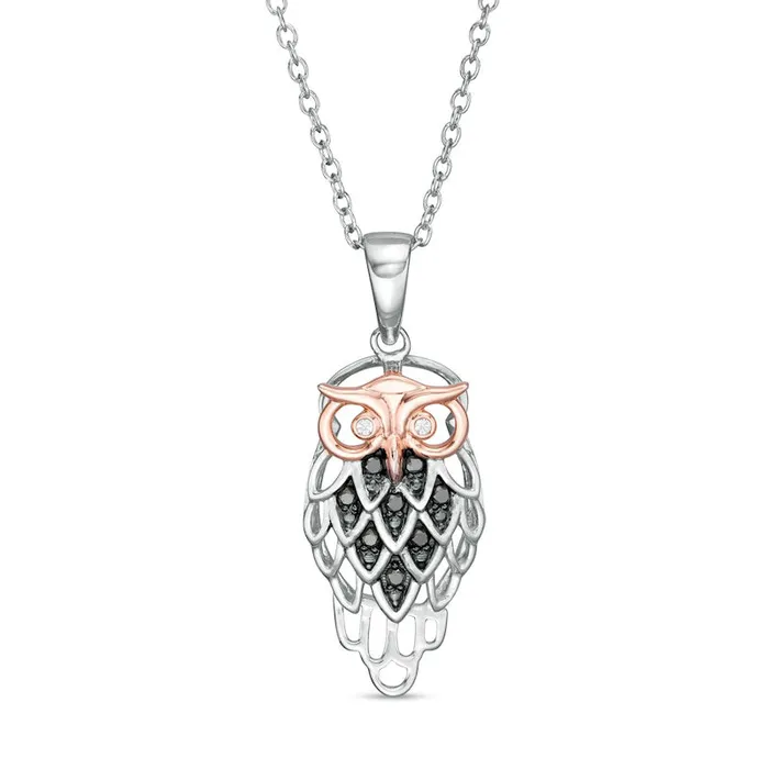 Necklaces Goldia 01 CT TW Enhanced Black and White Natural Diamond Owl Pendant in Sterling Silver with 14K Rose Gold Plate Necklaces Goldia 01 CT TW Enhanced Black and White Natural Diamond Owl Pendant in Sterling Silver with 14K Rose Gold Plate