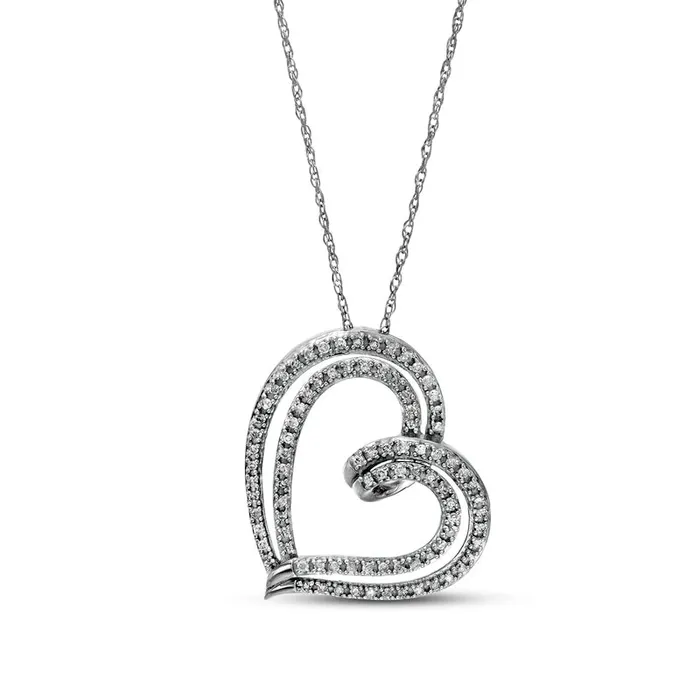 Necklaces Goldia 025 CT TW Natural Diamond Double Row Tilted Ribbon Heart Pendant in 10K White Gold Necklaces Goldia 025 CT TW Natural Diamond Double Row Tilted Ribbon Heart Pendant in 10K White Gold