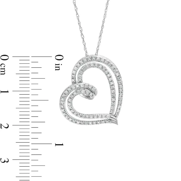 Necklaces Goldia 025 CT TW Natural Diamond Double Row Tilted Ribbon Heart Pendant in 10K White Gold Necklaces Goldia 025 CT TW Natural Diamond Double Row Tilted Ribbon Heart Pendant in 10K White Gold