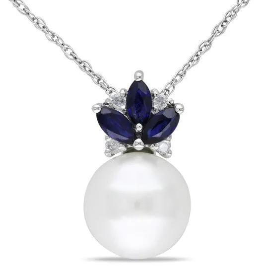 Necklaces JMS always Original AMOUR 85 9 Mm Cultured Freshwater Pearl Diamond and Sapphire Floral Pendant with Singapore Chain In 10K White Gold Necklaces JMS always Original AMOUR 85 9 Mm Cultured Freshwater Pearl Diamond and Sapphire Floral Pendant with Singapore Chain In 10K White Gold