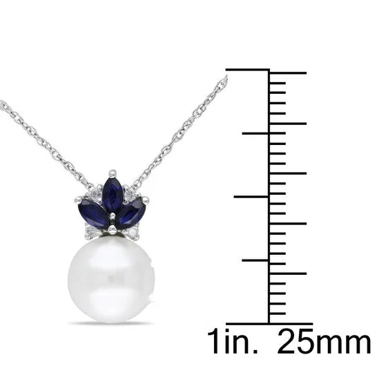 Necklaces JMS always Original AMOUR 85 9 Mm Cultured Freshwater Pearl Diamond and Sapphire Floral Pendant with Singapore Chain In 10K White Gold Necklaces JMS always Original AMOUR 85 9 Mm Cultured Freshwater Pearl Diamond and Sapphire Floral Pendant with Singapore Chain In 10K White Gold