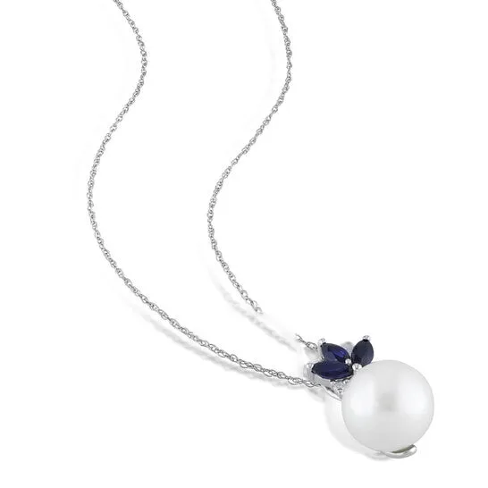 Necklaces JMS always Original AMOUR 85 9 Mm Cultured Freshwater Pearl Diamond and Sapphire Floral Pendant with Singapore Chain In 10K White Gold Necklaces JMS always Original AMOUR 85 9 Mm Cultured Freshwater Pearl Diamond and Sapphire Floral Pendant with Singapore Chain In 10K White Gold