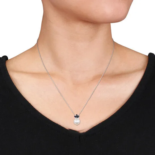 Necklaces JMS always Original AMOUR 85 9 Mm Cultured Freshwater Pearl Diamond and Sapphire Floral Pendant with Singapore Chain In 10K White Gold Necklaces JMS always Original AMOUR 85 9 Mm Cultured Freshwater Pearl Diamond and Sapphire Floral Pendant with Singapore Chain In 10K White Gold