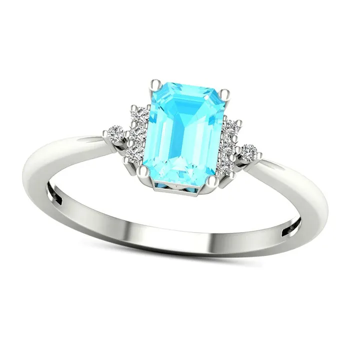 OctagonShaped Aquamarine and 005 CT TW Natural Diamond Collar Ring in Solid 10K White Gold Goldia Rings OctagonShaped Aquamarine and 005 CT TW Natural Diamond Collar Ring in Solid 10K White Gold Goldia Rings