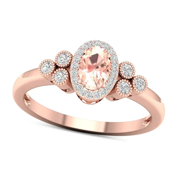 Oval Morganite and 017 CT TW Natural Diamond Frame TriSides Ring in Solid 10K Rose Gold Goldia Rings Oval Morganite and 017 CT TW Natural Diamond Frame TriSides Ring in Solid 10K Rose Gold Goldia Rings