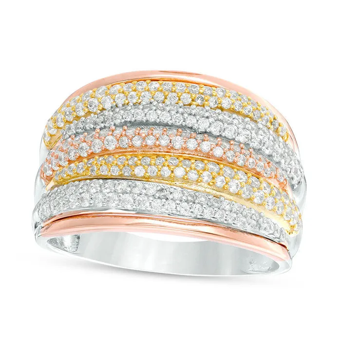 Rings 10 CT TW Natural Diamond MultiRow Stacked Ring in Solid 10K TriTone Gold Goldia Rings 10 CT TW Natural Diamond MultiRow Stacked Ring in Solid 10K TriTone Gold Goldia