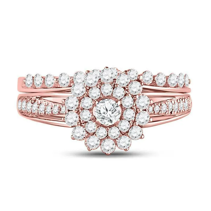 Rings 1 Carat Round Diamond Floral Halo Engagement Wedding Ring Set 14K Rose Gold Goldiacom