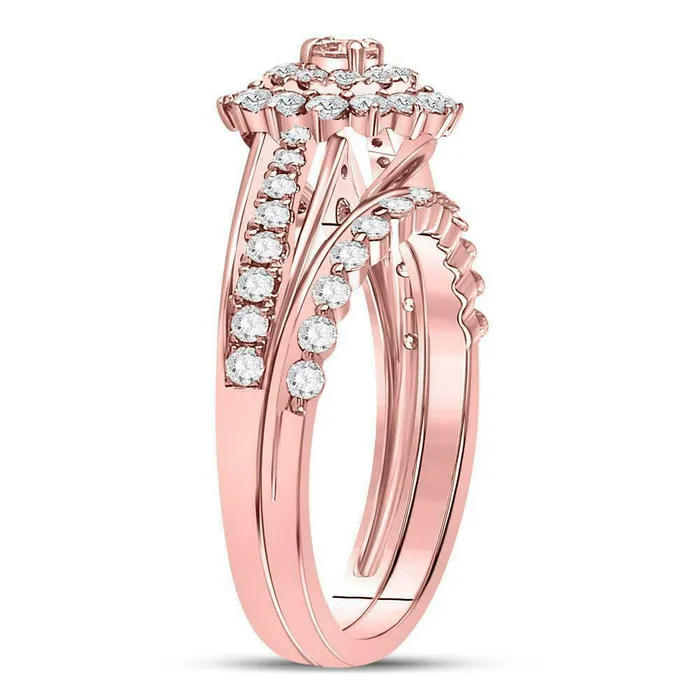 Rings 1 Carat Round Diamond Floral Halo Engagement Wedding Ring Set 14K Rose Gold Goldiacom