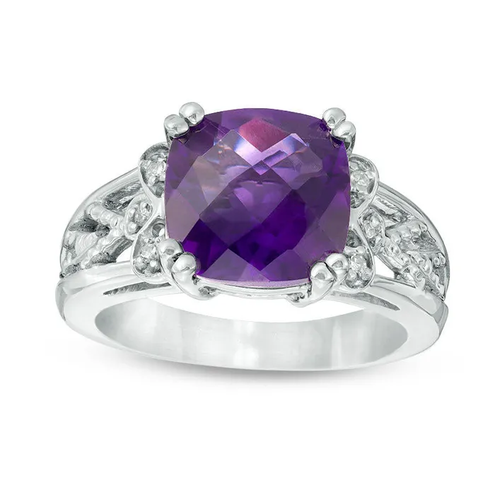 Rings 100mm CushionCut Amethyst and Natural Diamond Accent Woven Split Shank Ring in Solid 10K White Gold Goldia Rings 100mm CushionCut Amethyst and Natural Diamond Accent Woven Split Shank Ring in Solid 10K White Gold Goldia