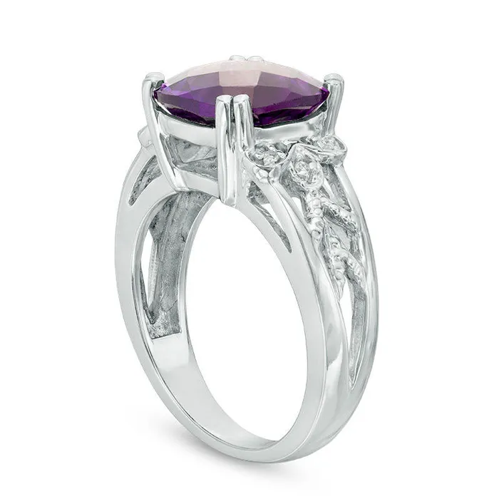 Rings 100mm CushionCut Amethyst and Natural Diamond Accent Woven Split Shank Ring in Solid 10K White Gold Goldia Rings 100mm CushionCut Amethyst and Natural Diamond Accent Woven Split Shank Ring in Solid 10K White Gold Goldia