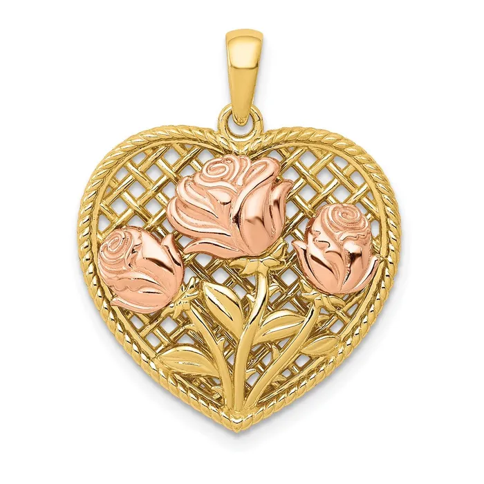 Rings 14k Twotone Gold Polished Flowers in Heart Pendant Goldia