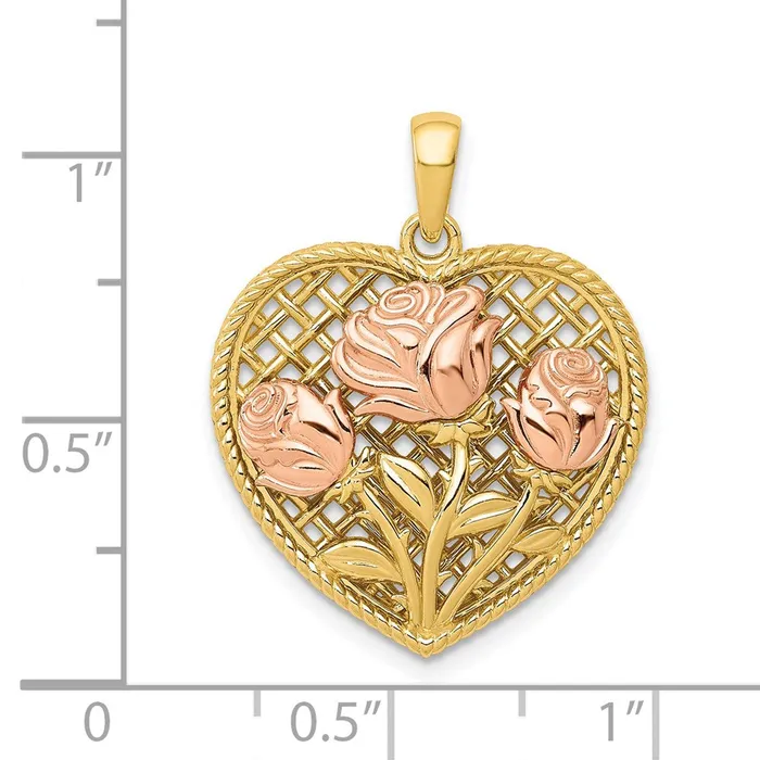 Rings 14k Twotone Gold Polished Flowers in Heart Pendant Goldia